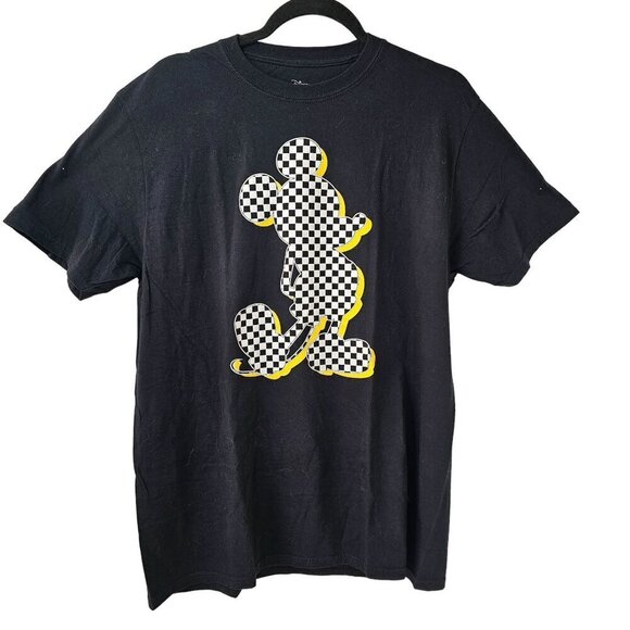Disney Mickey Mouse Checkered Flag Outline on Black Graphic TShirt Unisex L NEW - Picture 2 of 4